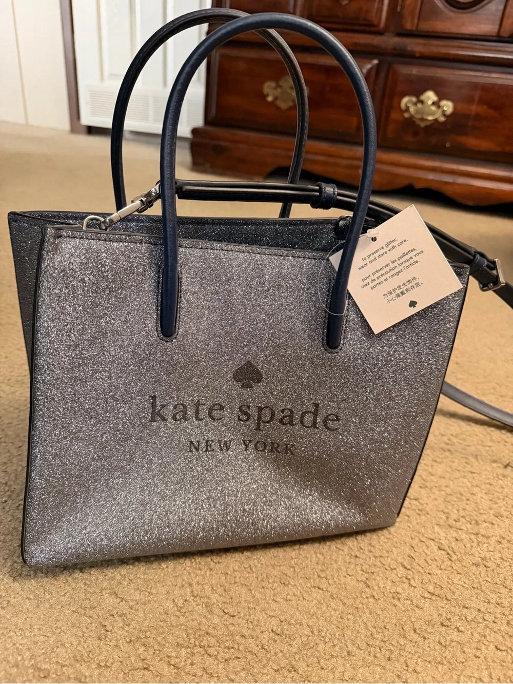 kate spade Silver Glitter Tote with Navy Handles